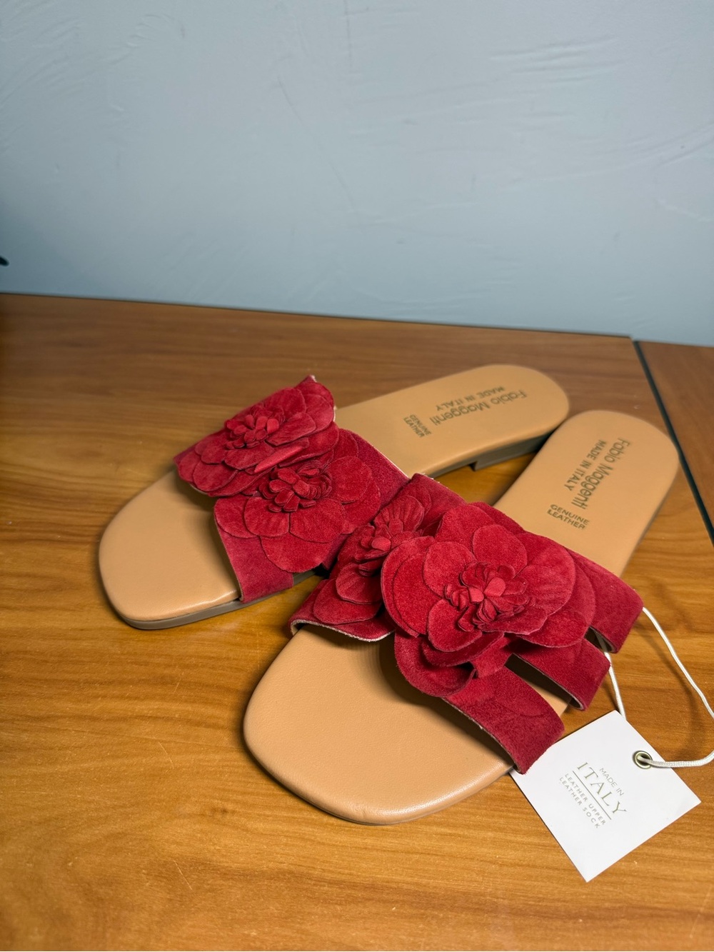 NWT Fabio Maggenti Flat Sandal Slip On Red Leather Floral Made in Italy W9